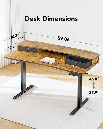 48″ x 24″ Electric Standing Desk with 2 Drawers, C-Clamp Mount Compatible, Height Adjustable Computer Desk, Home Office Stand Up Desk with 4 Preset Heights & 2 Hooks, Black