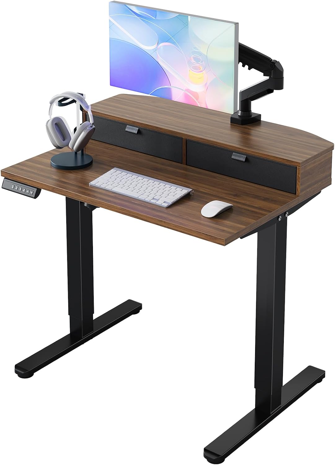 48″ x 24″ Electric Standing Desk with 2 Drawers, C-Clamp Mount Compatible, Height Adjustable Computer Desk, Home Office Stand Up Desk with 4 Preset Heights & 2 Hooks, Black