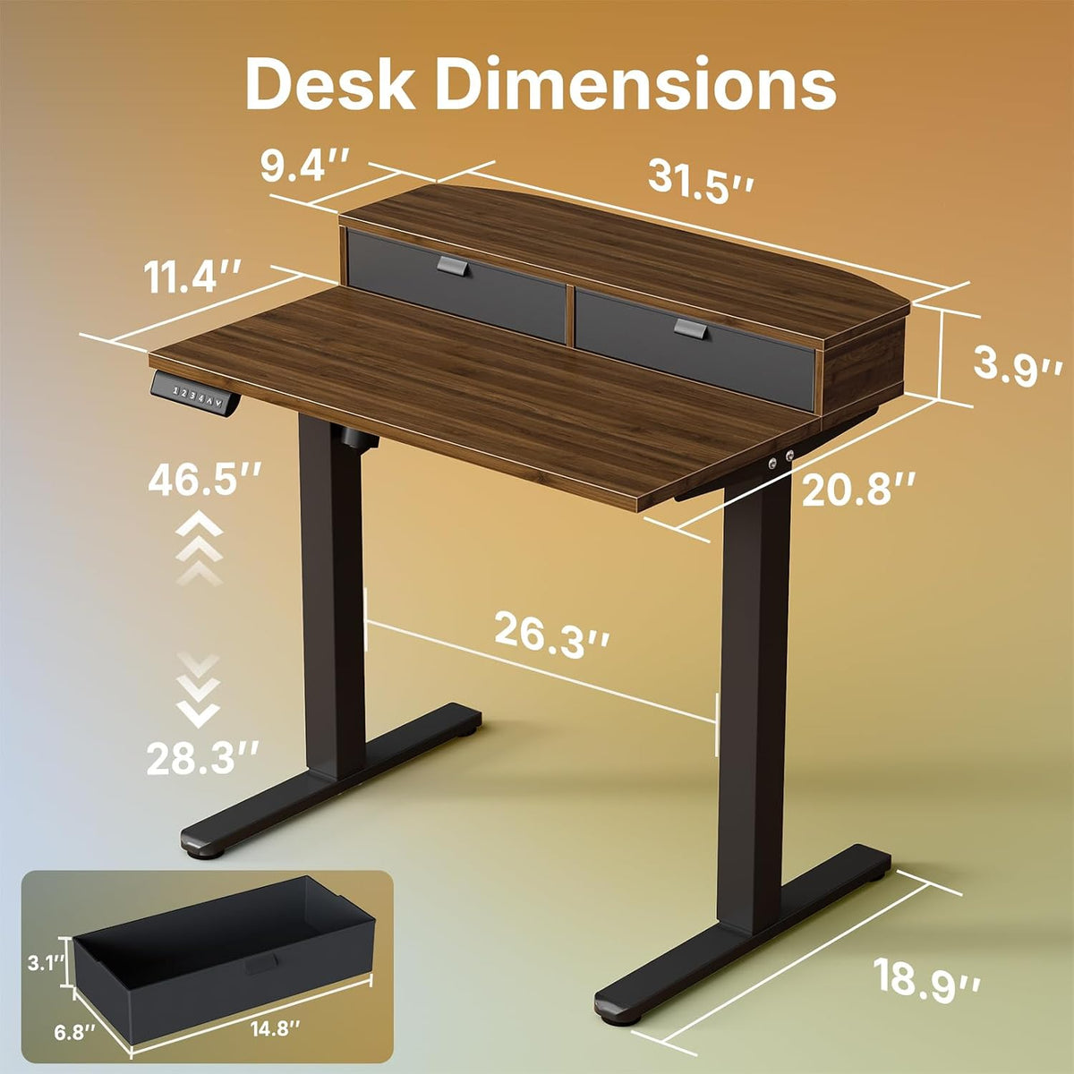 48″ x 24″ Electric Standing Desk with 2 Drawers, C-Clamp Mount Compatible, Height Adjustable Computer Desk, Home Office Stand Up Desk with 4 Preset Heights & 2 Hooks, Black