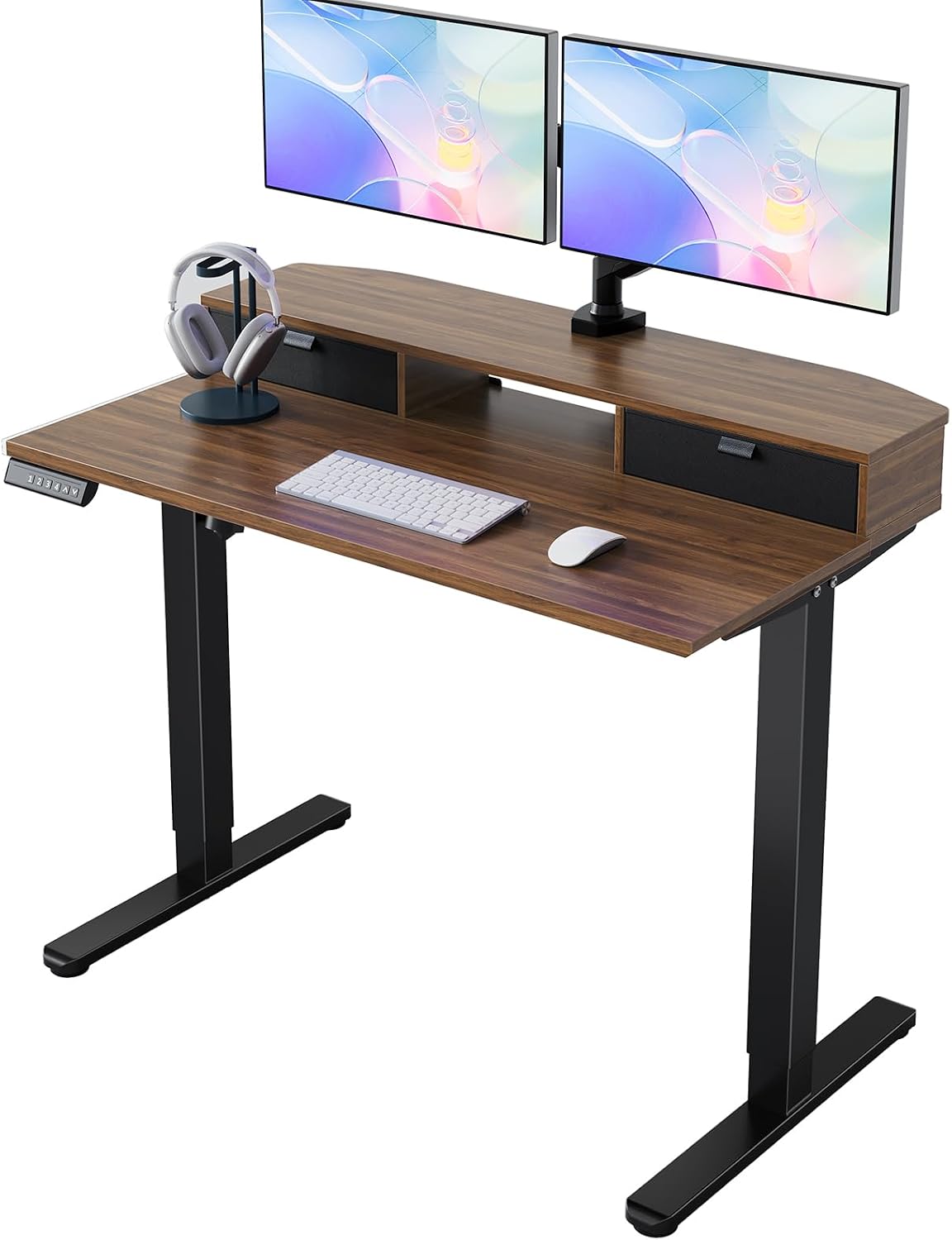 48″ x 24″ Electric Standing Desk with 2 Drawers, C-Clamp Mount Compatible, Height Adjustable Computer Desk, Home Office Stand Up Desk with 4 Preset Heights & 2 Hooks, Black