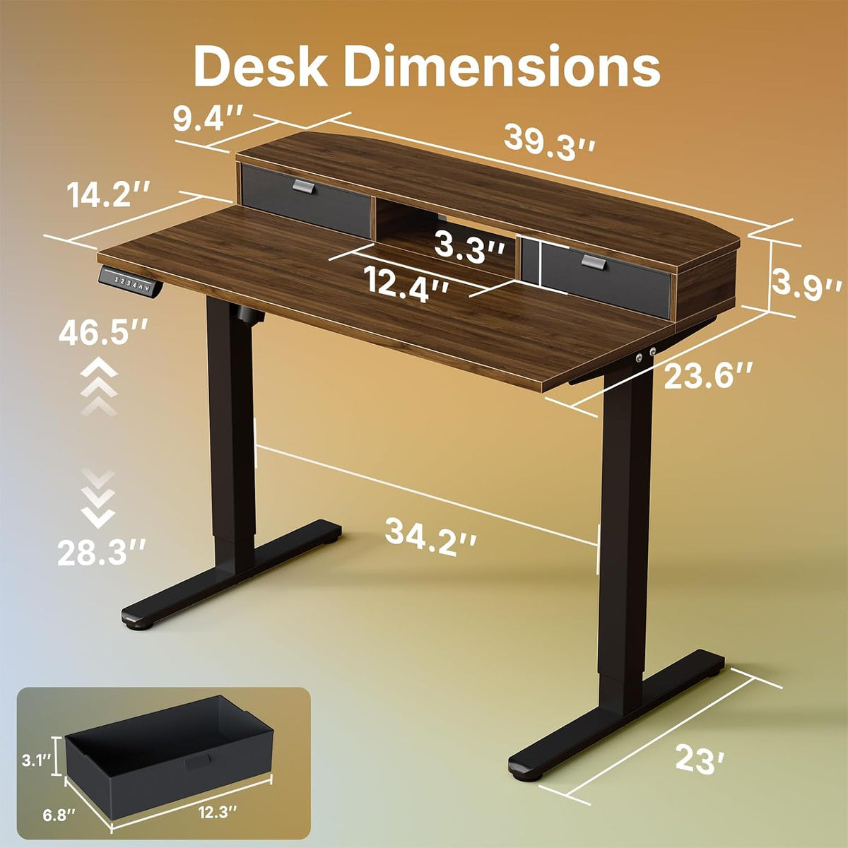 48″ x 24″ Electric Standing Desk with 2 Drawers, C-Clamp Mount Compatible, Height Adjustable Computer Desk, Home Office Stand Up Desk with 4 Preset Heights & 2 Hooks, Black