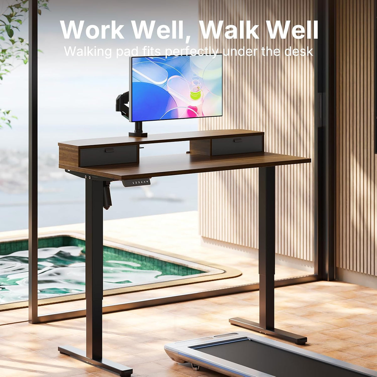 48″ x 24″ Electric Standing Desk with 2 Drawers, C-Clamp Mount Compatible, Height Adjustable Computer Desk, Home Office Stand Up Desk with 4 Preset Heights & 2 Hooks, Black