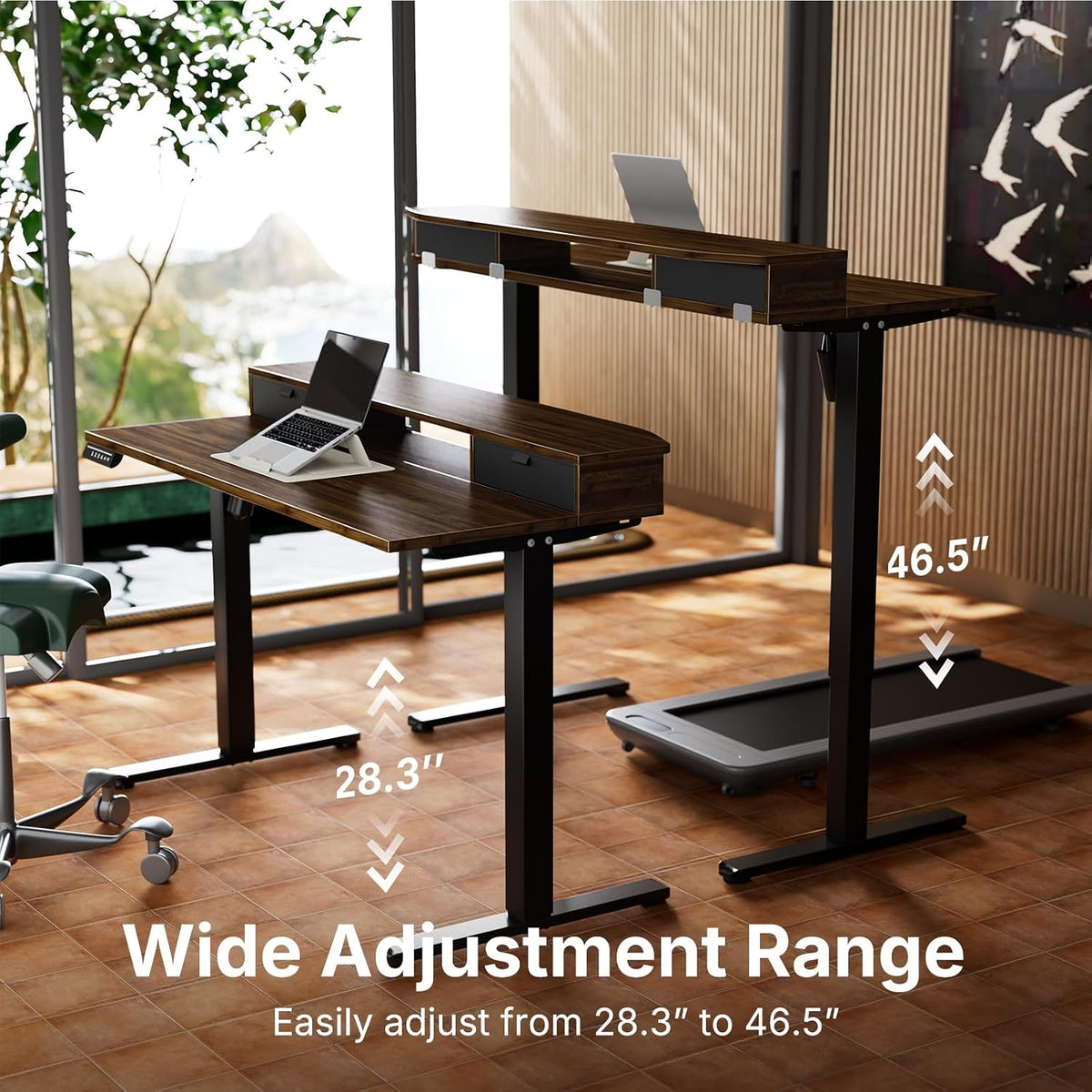 48″ x 24″ Electric Standing Desk with 2 Drawers, C-Clamp Mount Compatible, Height Adjustable Computer Desk, Home Office Stand Up Desk with 4 Preset Heights & 2 Hooks, Black