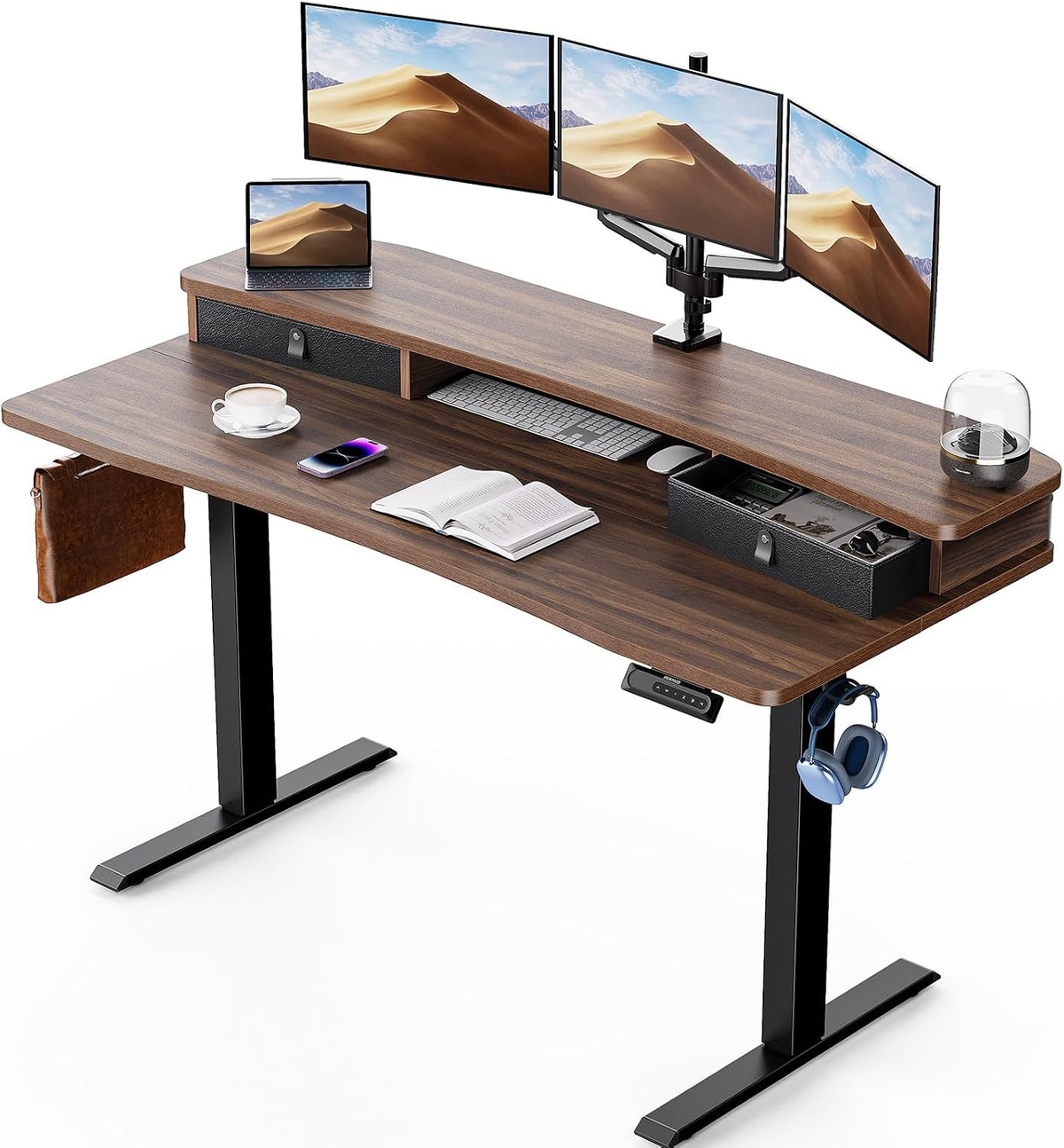 48″ x 24″ Electric Standing Desk with 2 Drawers, C-Clamp Mount Compatible, Height Adjustable Computer Desk, Home Office Stand Up Desk with 4 Preset Heights & 2 Hooks, Black