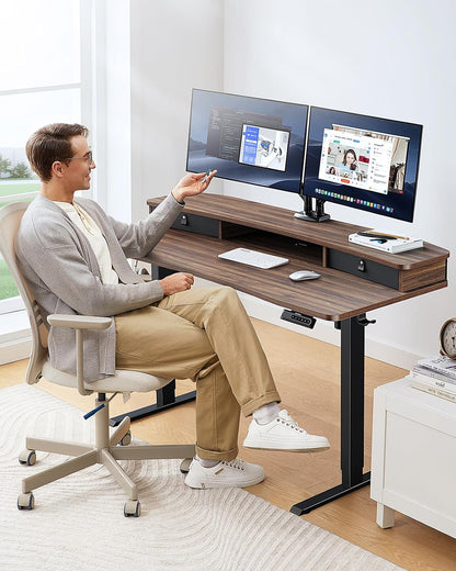 48″ x 24″ Electric Standing Desk with 2 Drawers, C-Clamp Mount Compatible, Height Adjustable Computer Desk, Home Office Stand Up Desk with 4 Preset Heights & 2 Hooks, Black