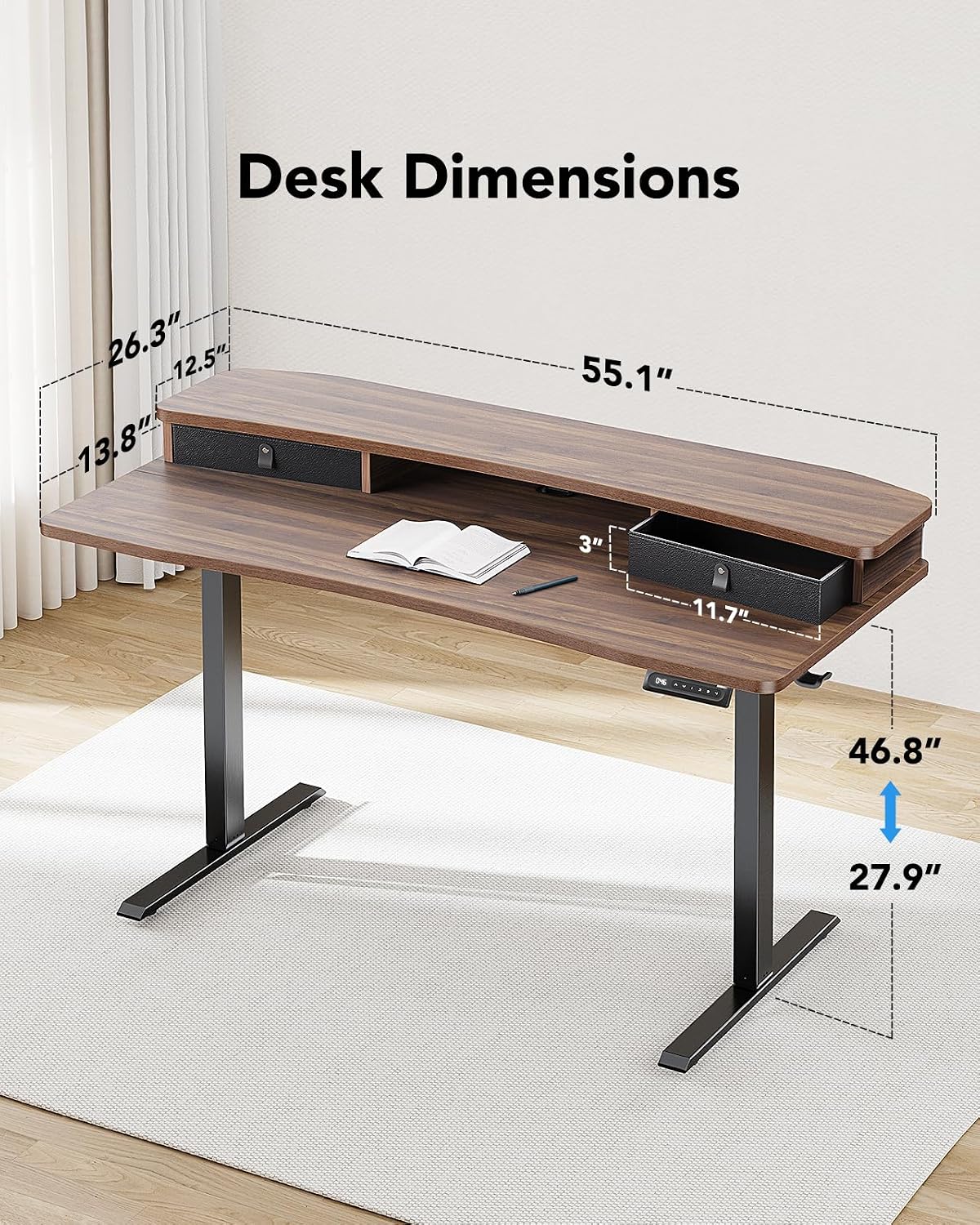 48″ x 24″ Electric Standing Desk with 2 Drawers, C-Clamp Mount Compatible, Height Adjustable Computer Desk, Home Office Stand Up Desk with 4 Preset Heights & 2 Hooks, Black