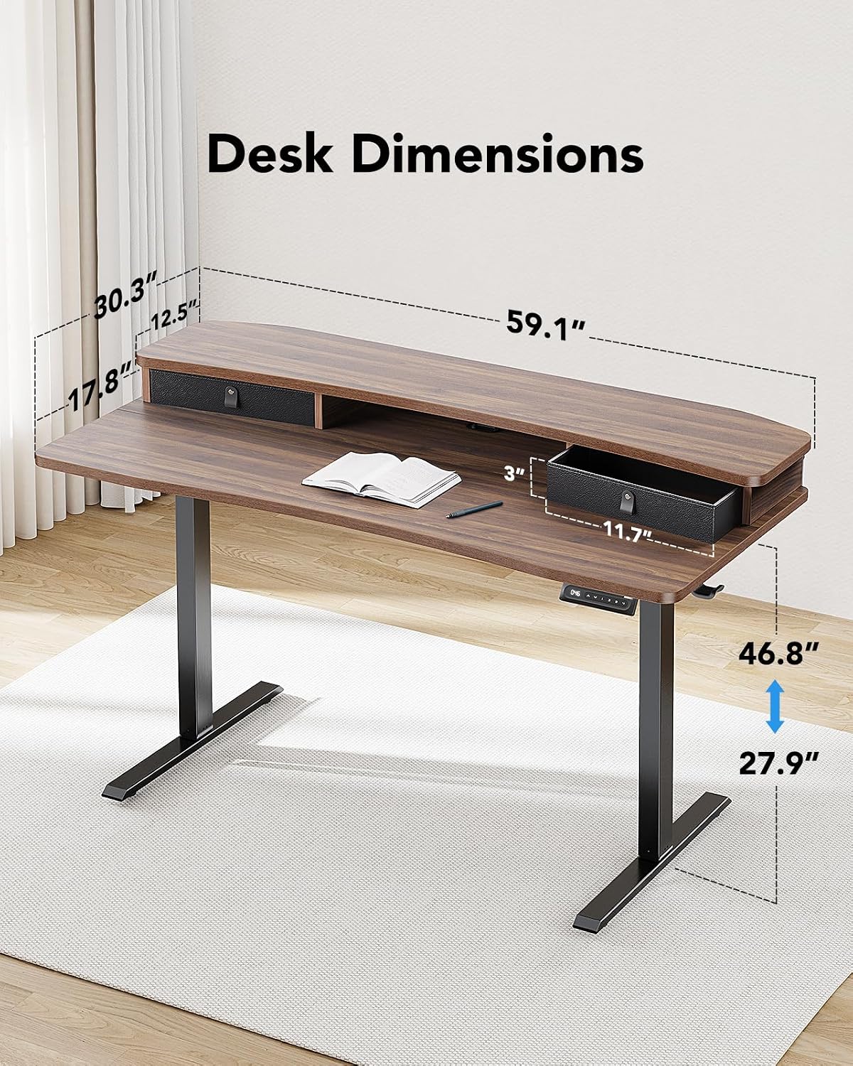 48″ x 24″ Electric Standing Desk with 2 Drawers, C-Clamp Mount Compatible, Height Adjustable Computer Desk, Home Office Stand Up Desk with 4 Preset Heights & 2 Hooks, Black