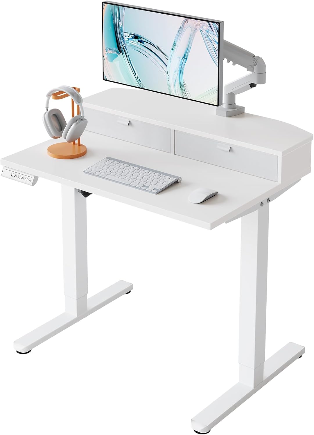 48″ x 24″ Electric Standing Desk with 2 Drawers, C-Clamp Mount Compatible, Height Adjustable Computer Desk, Home Office Stand Up Desk with 4 Preset Heights & 2 Hooks, Black