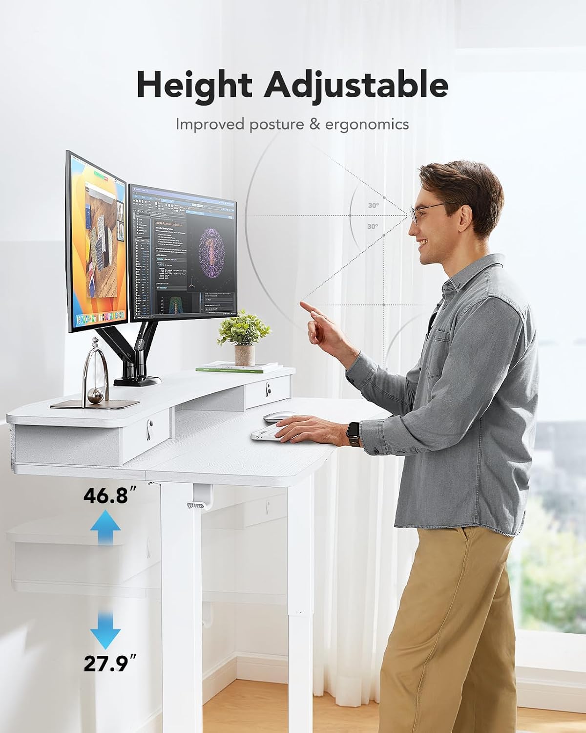 48″ x 24″ Electric Standing Desk with 2 Drawers, C-Clamp Mount Compatible, Height Adjustable Computer Desk, Home Office Stand Up Desk with 4 Preset Heights & 2 Hooks, Black