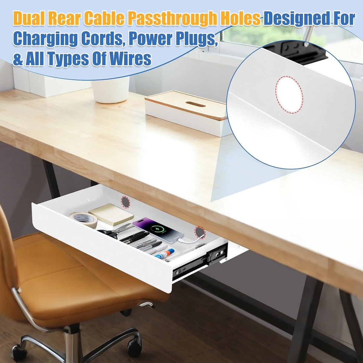 Under Desk Drawer Slide Out Large - Under Table Drawer 17.32" x 9.25", Pull-Out Storage Organizer With Cable Management For Home & Office