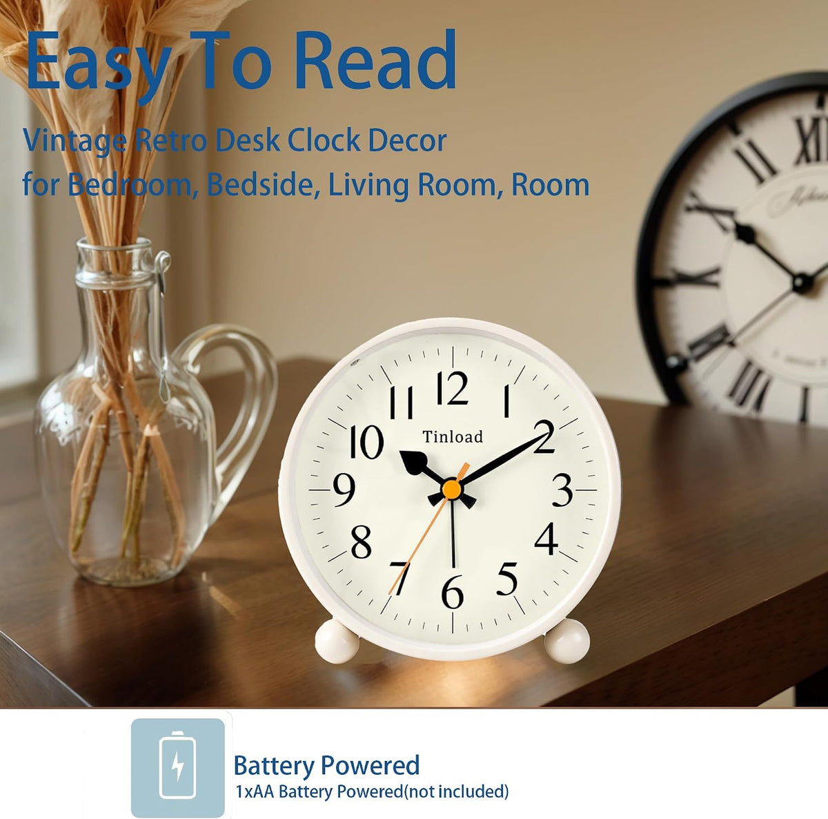 4.5" Vintage Retro Analog Alarm Clock, Super Silent Non Ticking Small Clock with Manual Light, Snooze, Battery Operated, for Living Room, Bedroom, Bedside, Desk(Green)