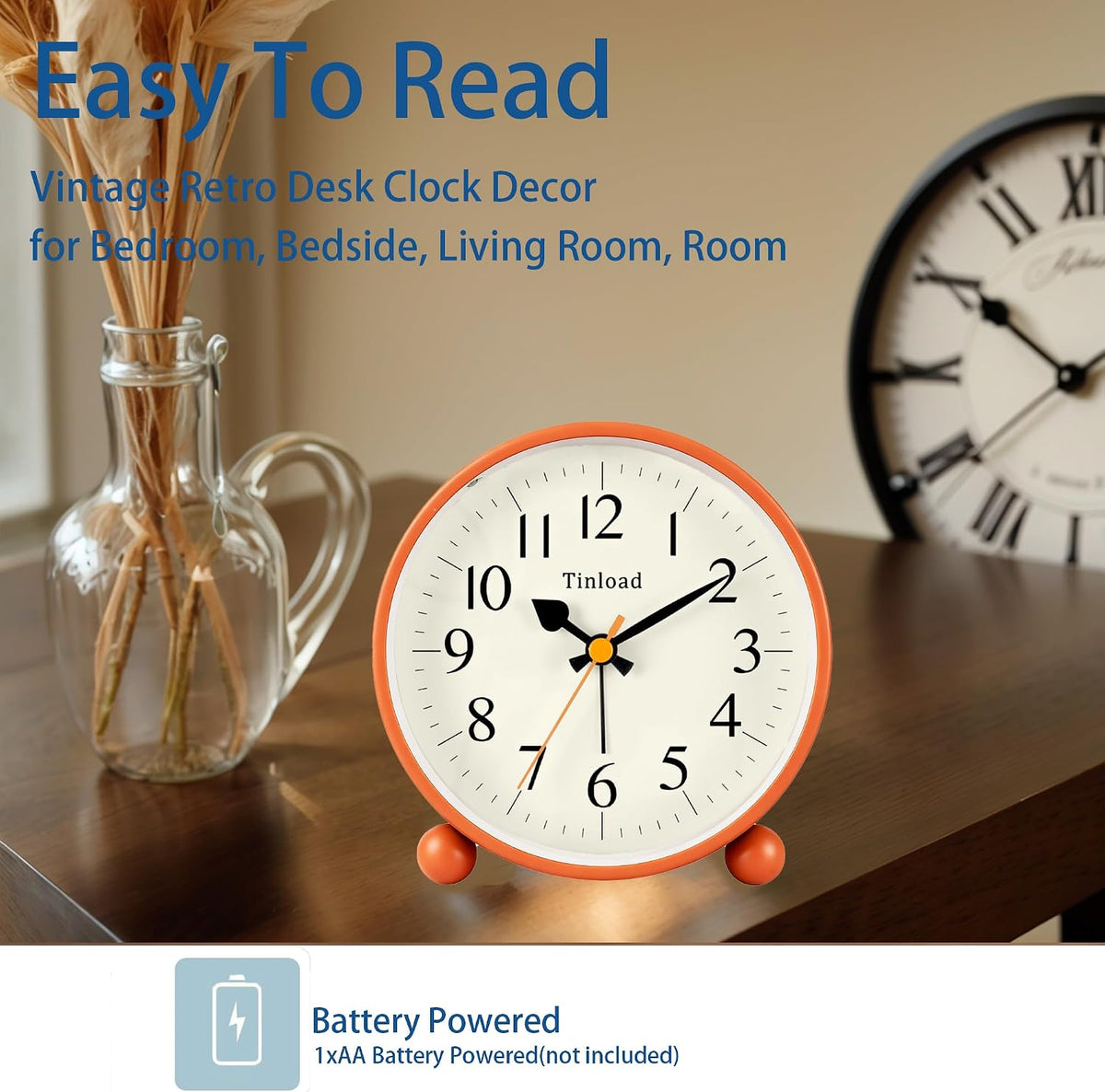 4.5" Vintage Retro Analog Alarm Clock, Super Silent Non Ticking Small Clock with Manual Light, Snooze, Battery Operated, for Living Room, Bedroom, Bedside, Desk(Green)