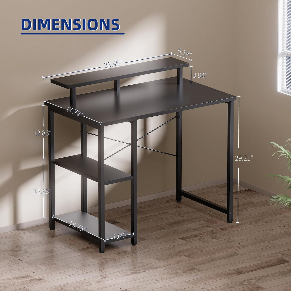 33.5 Inch Small Computer Desk with Monitor Stand and Shelves