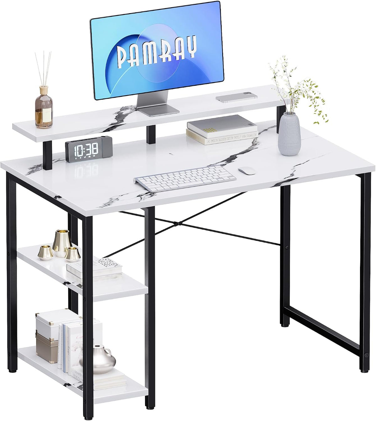 33.5 Inch Small Computer Desk with Monitor Stand and Shelves