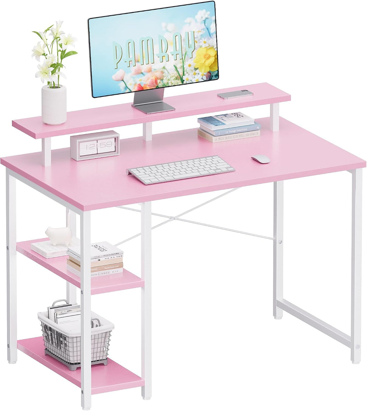 33.5 Inch Small Computer Desk with Monitor Stand and Shelves