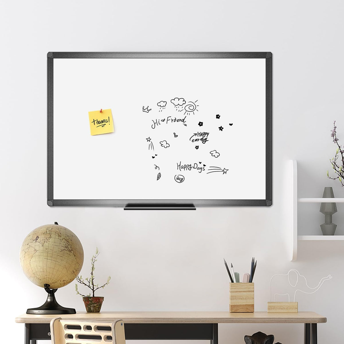 Magnetic Dry Erase White Board, 36 X 24 Inches, Black Aluminium Frame