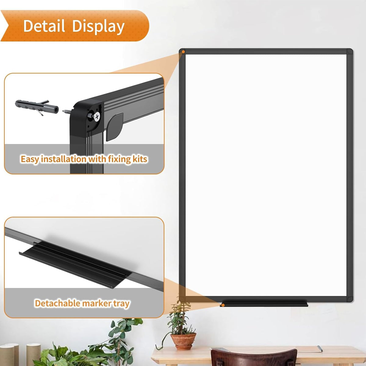 Magnetic Dry Erase White Board, 36 X 24 Inches, Black Aluminium Frame