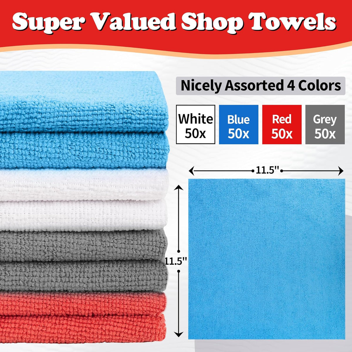 Shop Towels, Microfiber Cleaning Cloth Bulk, 200 Pack Microfiber Towels for Cars, All-Purpose Absorbent Cleaning Rags, Dust Cloth for Automotive, Mechanic, Garage, Bar, 11.5 x 11.5 inch