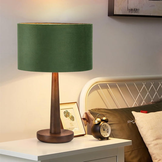 18.5" Modern Dimmable Walnut Wood Table Lamp with Velvet Shade, Green