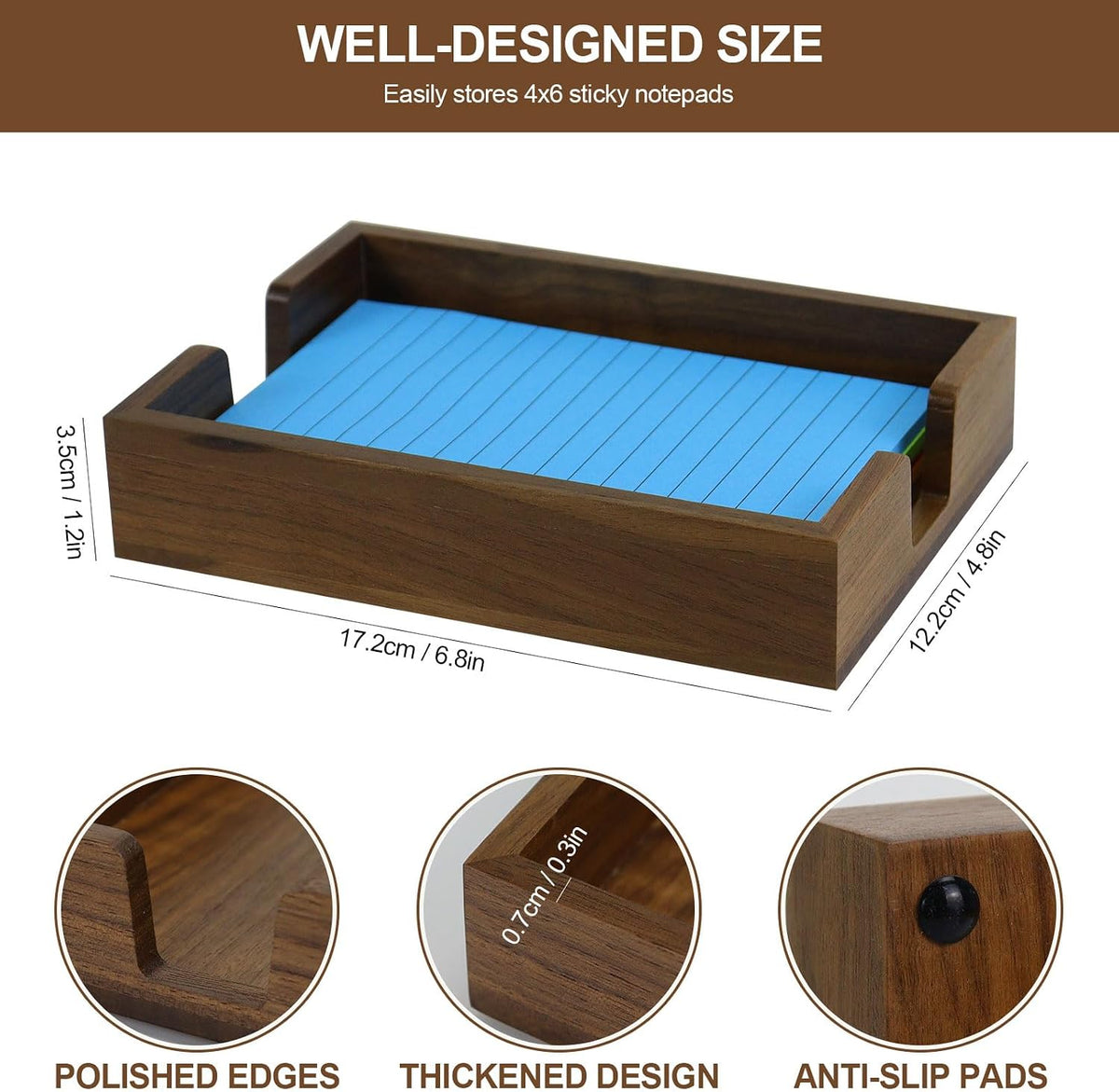 Walnut Wood Sticky Notes Holder - 4x6 Inch Memo Pads Dispenser