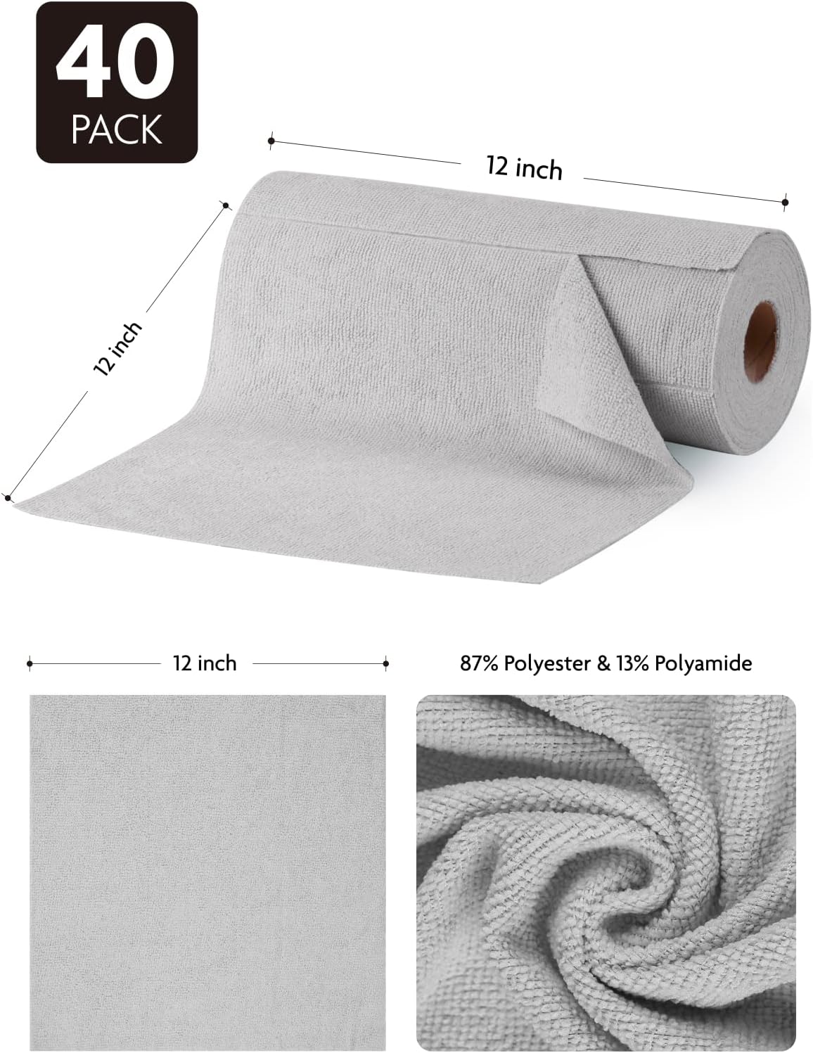 Microfiber Cleaning Cloth Roll- 40 Sheets, 12" x 12" (Grey)