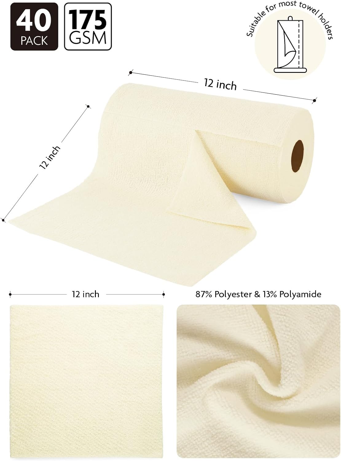 Microfiber Cleaning Cloth Roll- 40 Sheets, 12" x 12" (Grey)