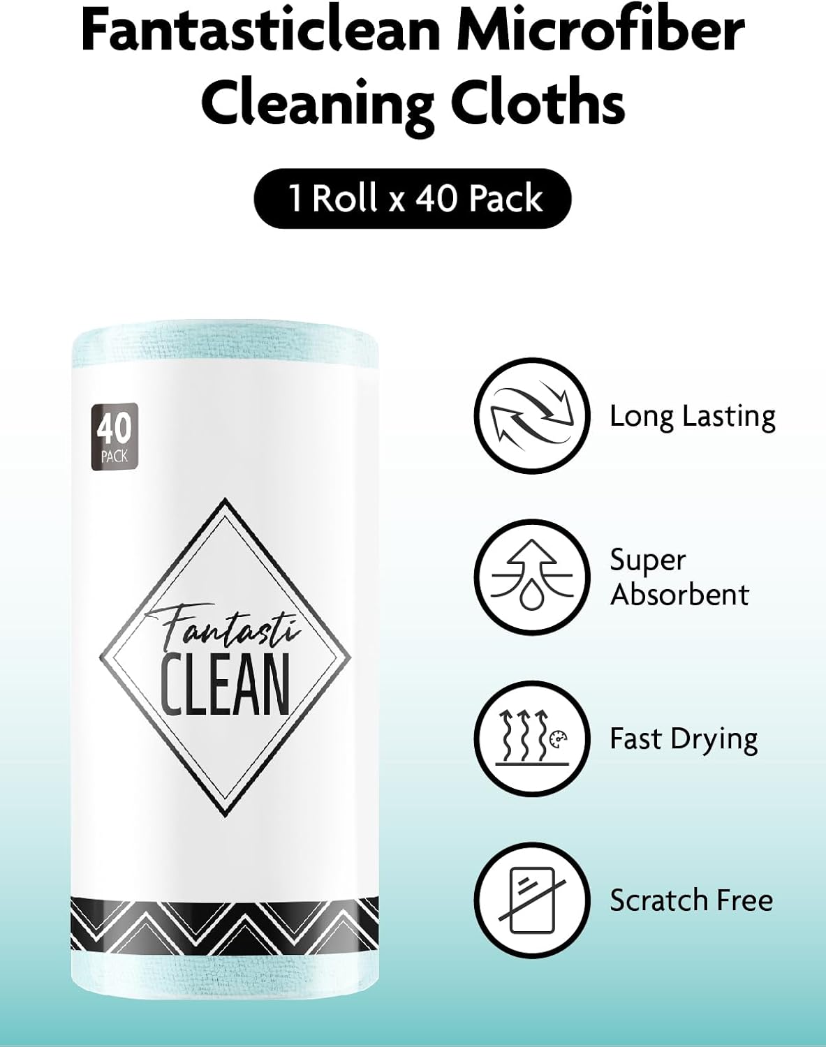 Microfiber Cleaning Cloth Roll- 40 Sheets, 12" x 12" (Grey)