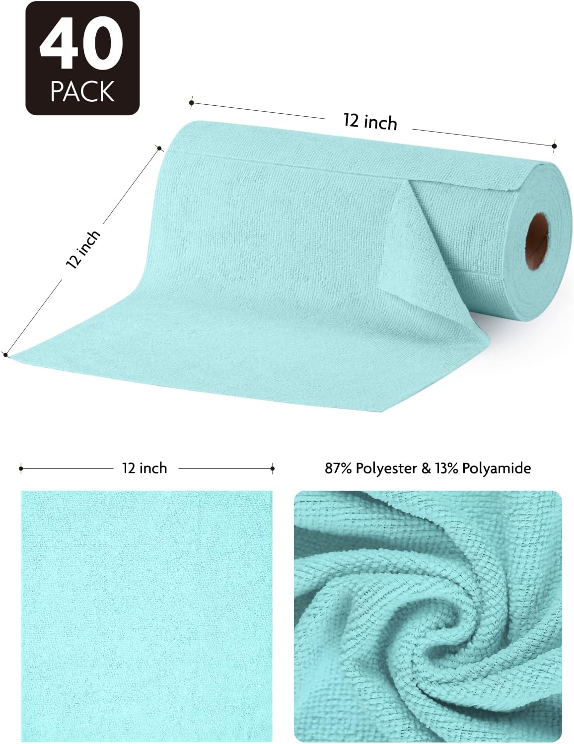 Microfiber Cleaning Cloth Roll- 40 Sheets, 12" x 12" (Grey)