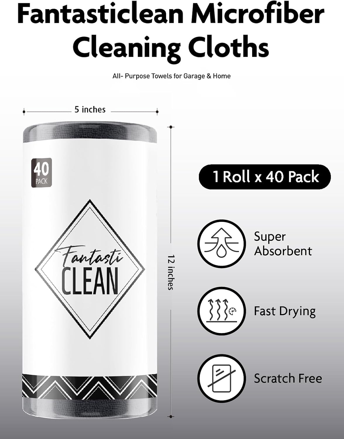 Microfiber Cleaning Cloth Roll- 40 Sheets, 12" x 12" (Grey)