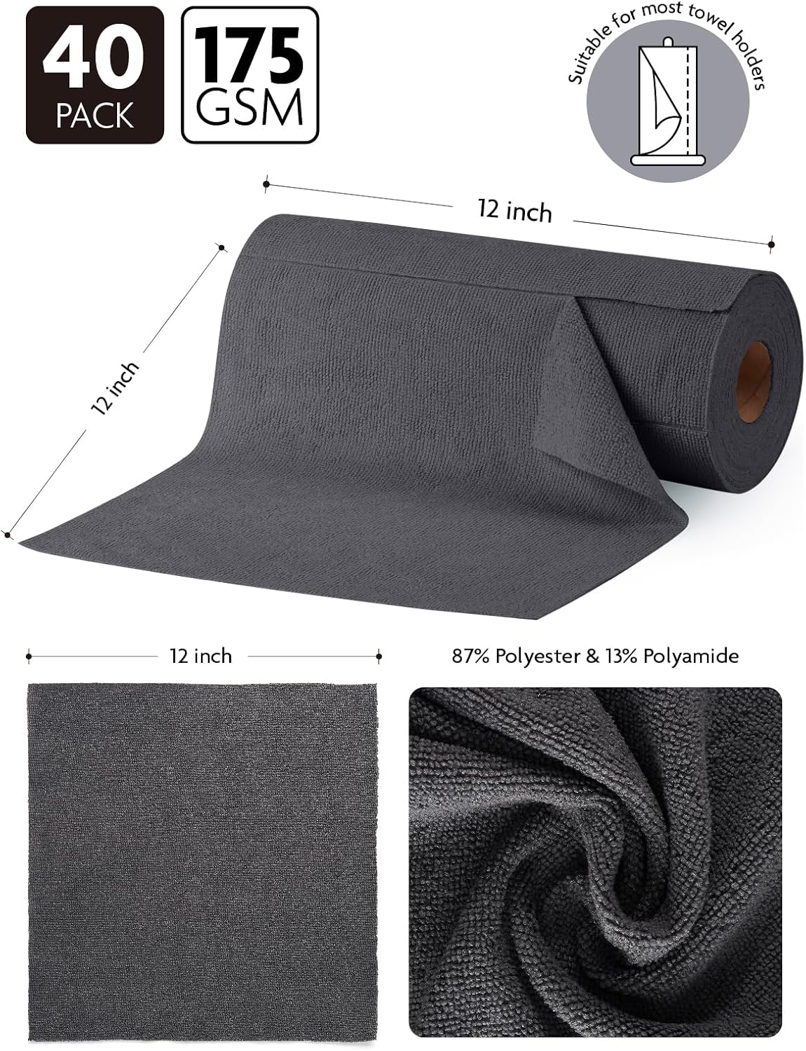 Microfiber Cleaning Cloth Roll- 40 Sheets, 12" x 12" (Grey)