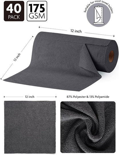 Microfiber Cleaning Cloth Roll- 40 Sheets, 12" x 12" (Grey)