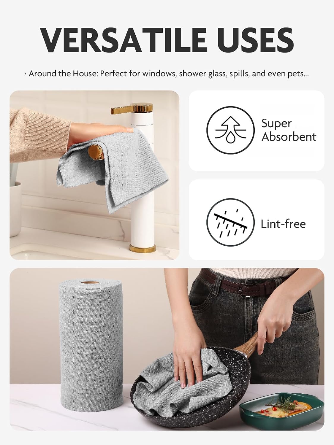 Microfiber Cleaning Cloth Roll- 40 Sheets, 12" x 12" (Grey)