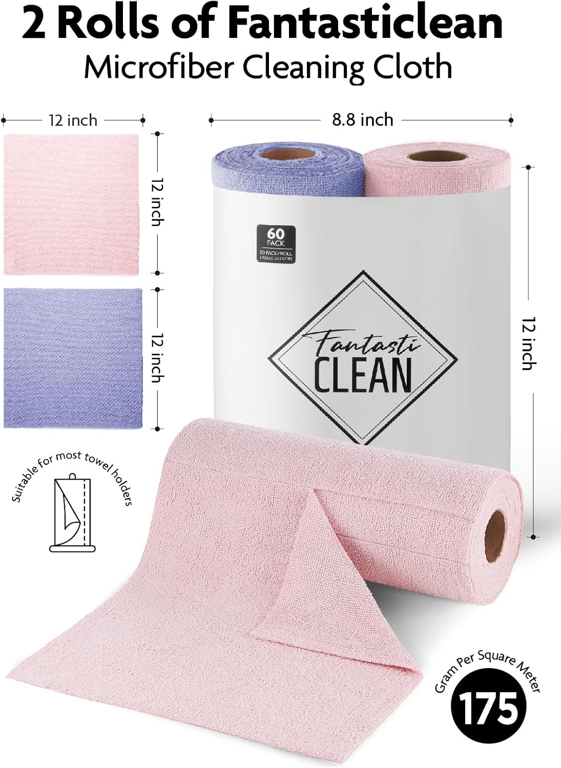 Microfiber Cleaning Cloth Roll- 40 Sheets, 12" x 12" (Grey)