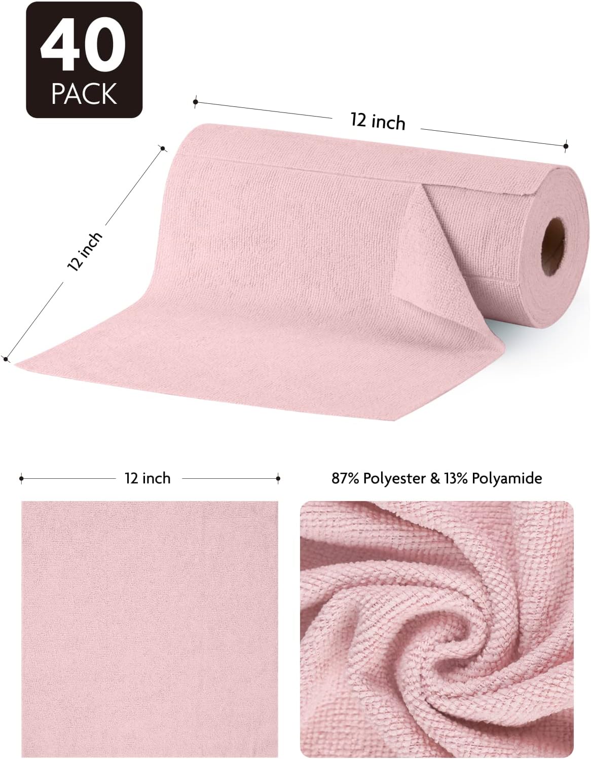 Microfiber Cleaning Cloth Roll- 40 Sheets, 12" x 12" (Grey)