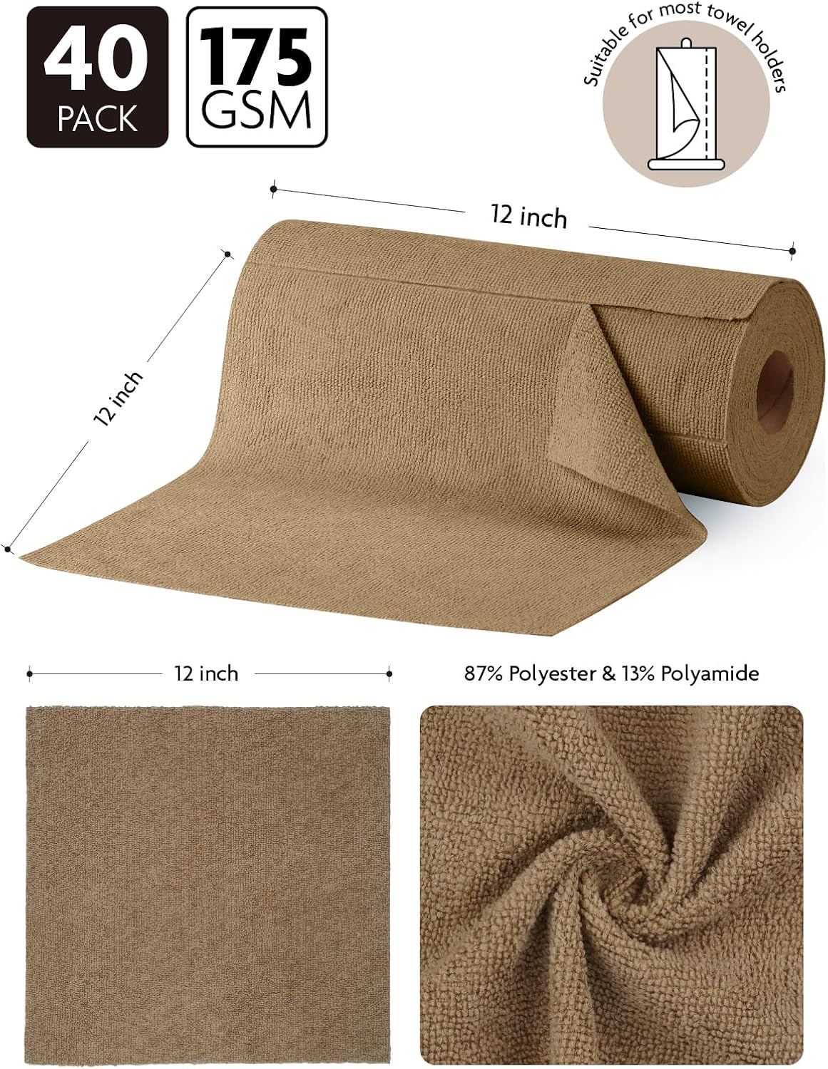 Microfiber Cleaning Cloth Roll- 40 Sheets, 12" x 12" (Grey)