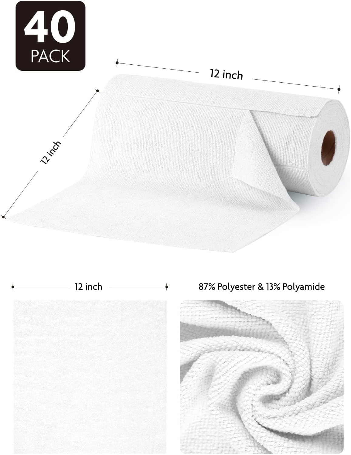Microfiber Cleaning Cloth Roll- 40 Sheets, 12" x 12" (Grey)