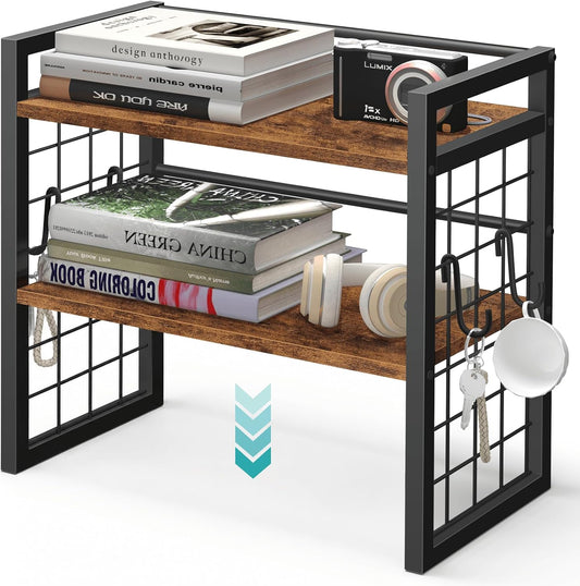 Desktop Shelf Organizer, 2 Tier Wood Desk Bookshelf, Rustic Brown