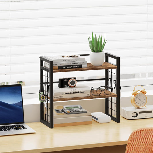 Desktop Shelf Organizer, 2 Tier Wood Desk Bookshelf, Rustic Brown