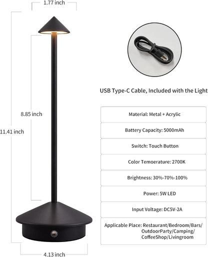 Modern Cordless Table Lamp Set of 2, Black Portable LED Desk Lamps