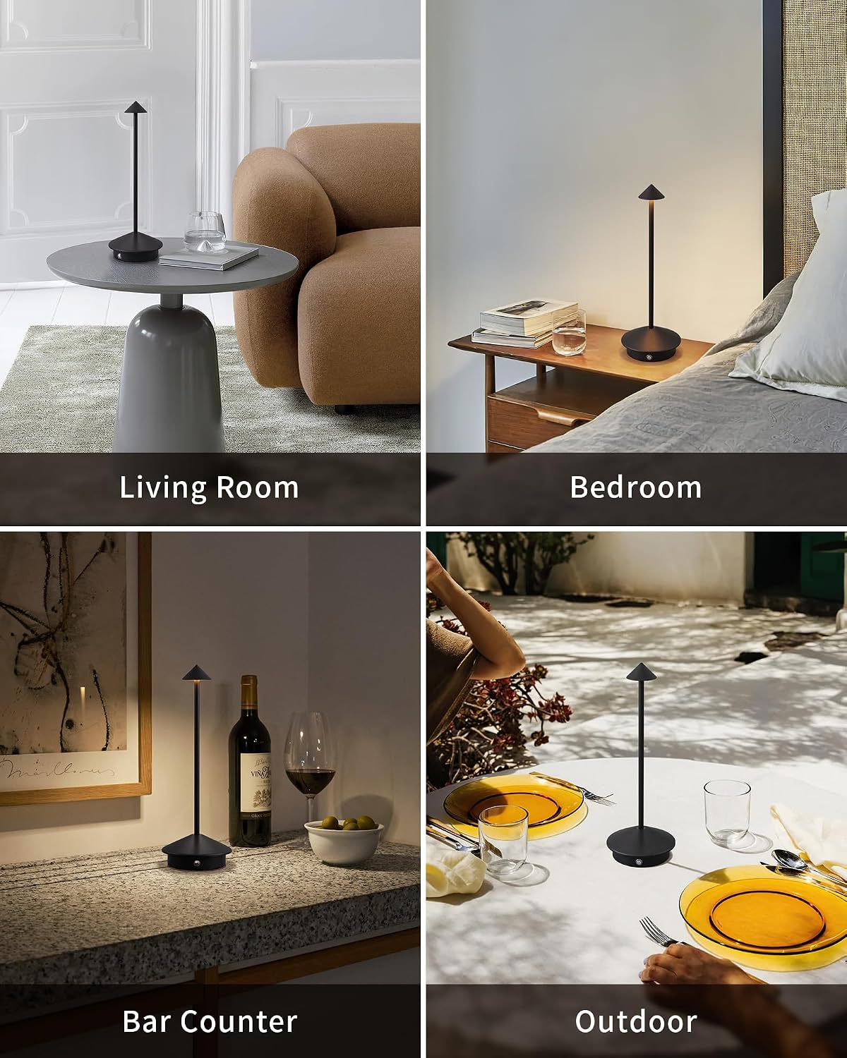 Modern Cordless Table Lamp Set of 2, Black Portable LED Desk Lamps
