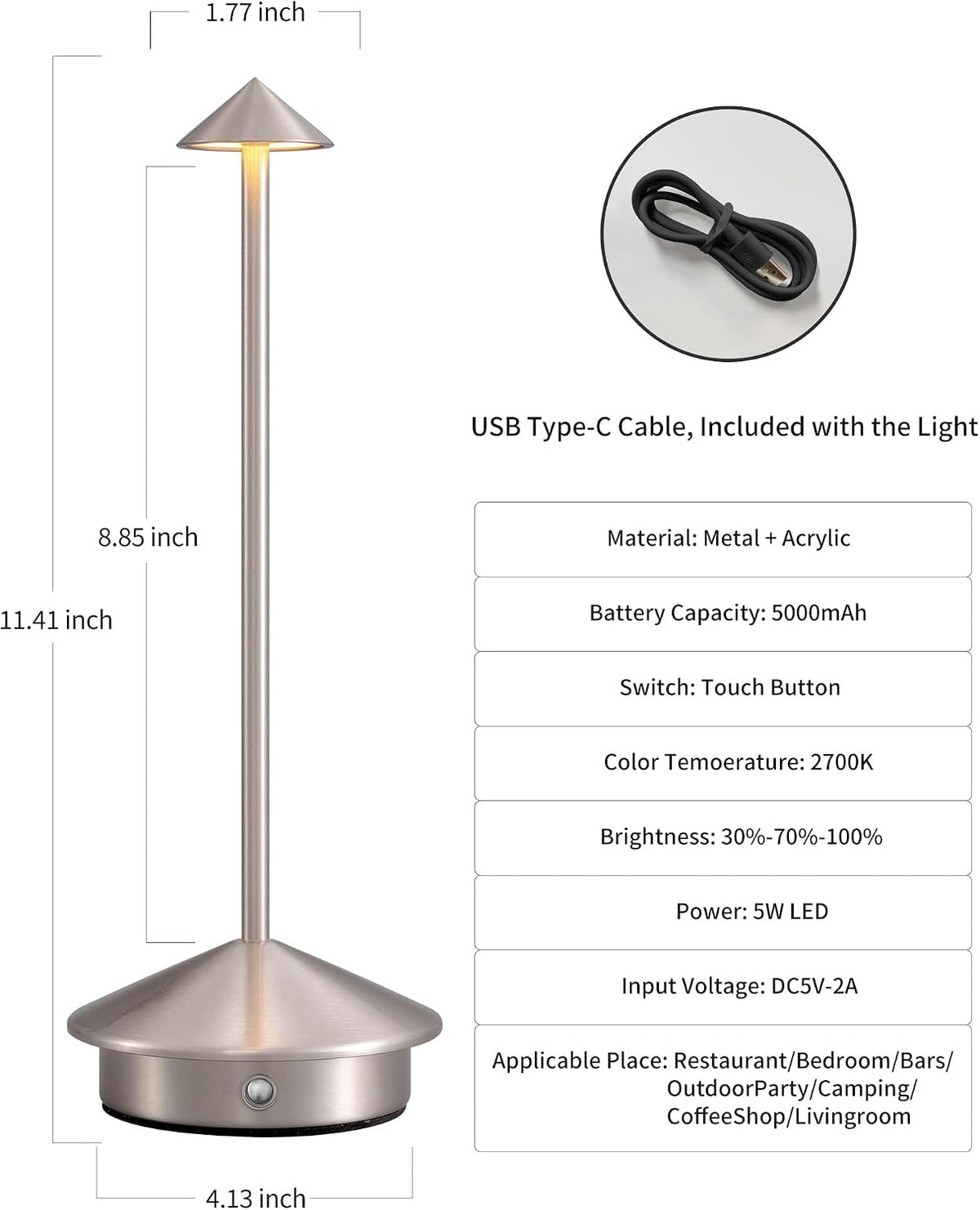 Modern Cordless Table Lamp Set of 2, Black Portable LED Desk Lamps