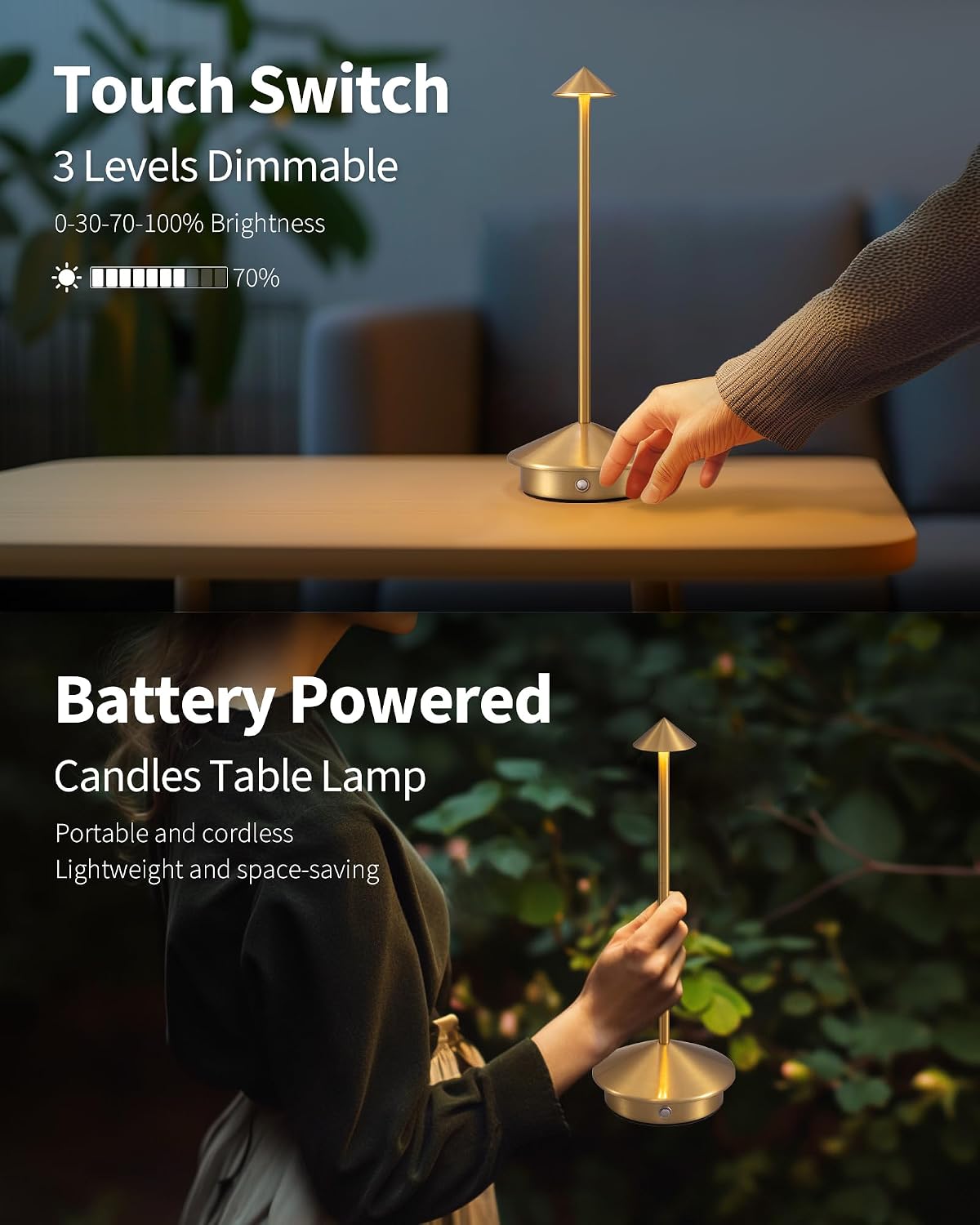 Modern Cordless Table Lamp Set of 2, Black Portable LED Desk Lamps