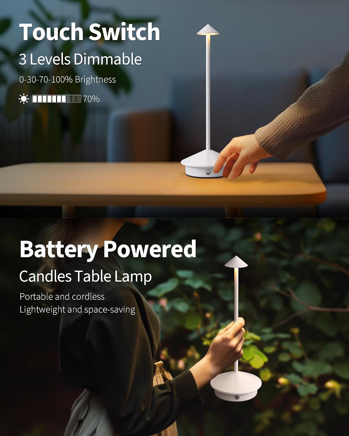 Modern Cordless Table Lamp Set of 2, Black Portable LED Desk Lamps
