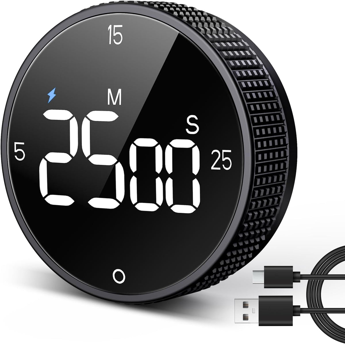 USB Rechargeable Magnetic Kitchen Timer for Cooking, Building 800mAh Battery Large Display Digital Countdown Countup Timer, 3 Preset 5/15/25 Mins Loud Alarm for Kitchen Classroom Grilling Studying