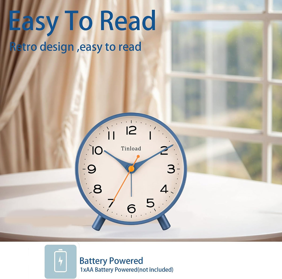 4.5" Battery Operated Antique Retro Analog Alarm Clock, Small Silent Bedside Desk Clock,Lighted on Demand, Battery Operated, Snooze, for Living Room, Bedroom, Bedside, Desk, Gift Clock