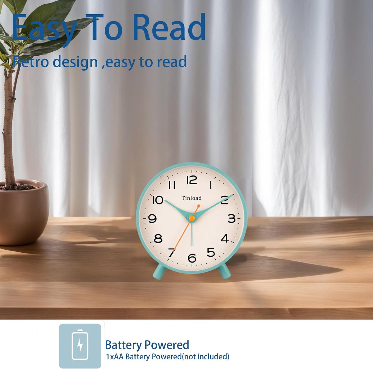 4.5" Battery Operated Antique Retro Analog Alarm Clock, Small Silent Bedside Desk Clock,Lighted on Demand, Battery Operated, Snooze, for Living Room, Bedroom, Bedside, Desk, Gift Clock