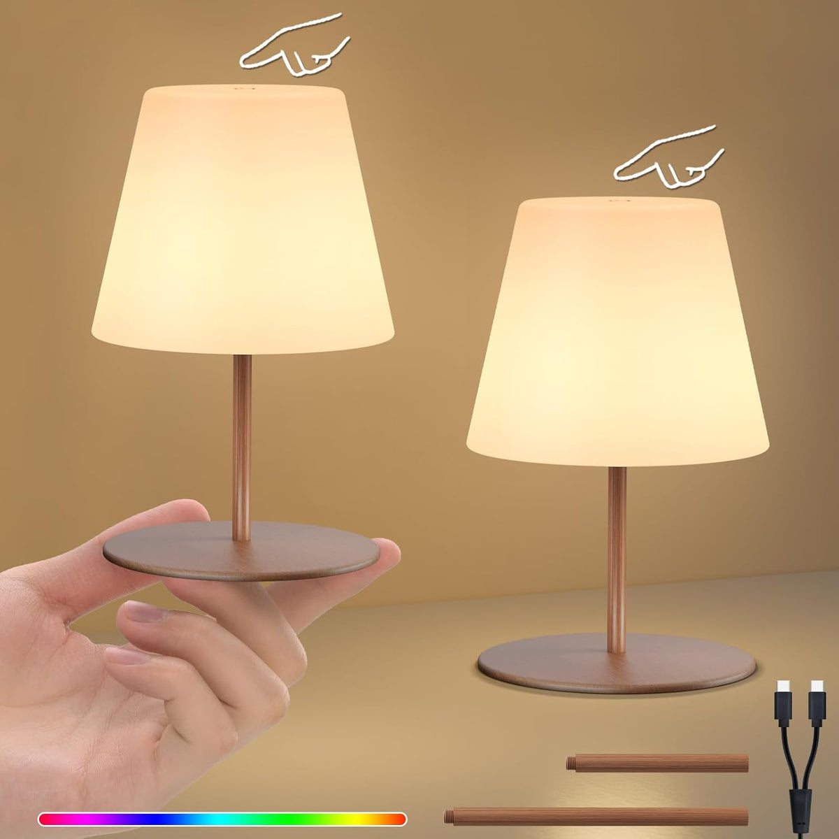 2 Pcs Mini Touch Shower Lamps Waterproof with 2-Step Warm White