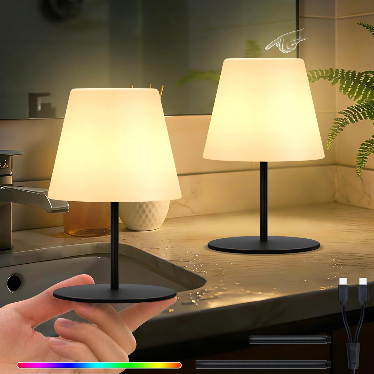 2 Pcs Mini Touch Shower Lamps Waterproof with 2-Step Warm White