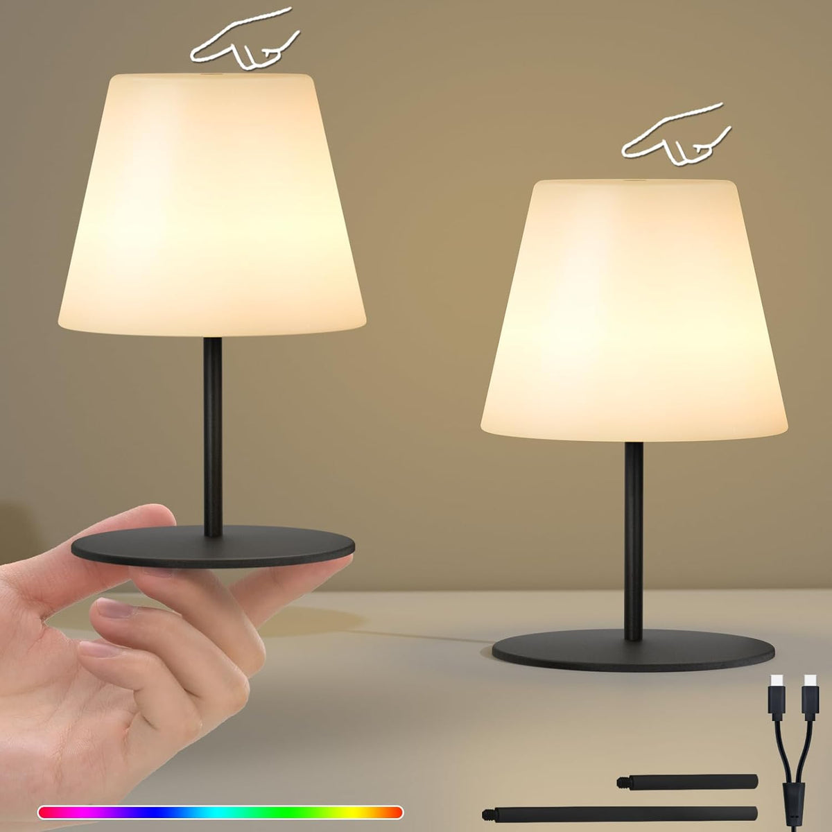 2 Pcs Mini Touch Shower Lamps Waterproof with 2-Step Warm White