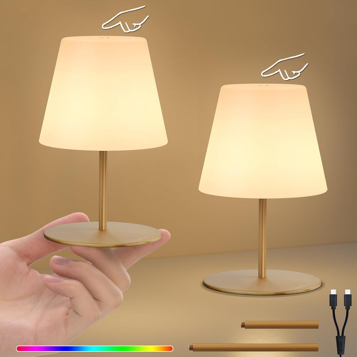 2 Pcs Mini Touch Shower Lamps Waterproof with 2-Step Warm White